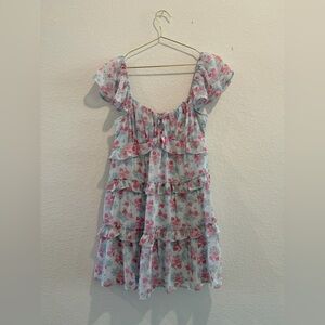 Altar’d State Irene Floral blue pink ruffle mini dress Summit love shack fancy